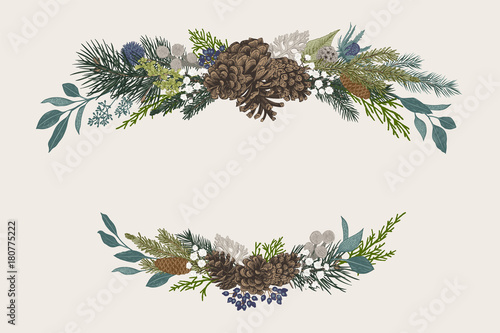 Winter set. Floral christmas compositions. Evergreen, cone, succulents, flowers, leaves, berries. Botanical vector vintage illustration. Colorful