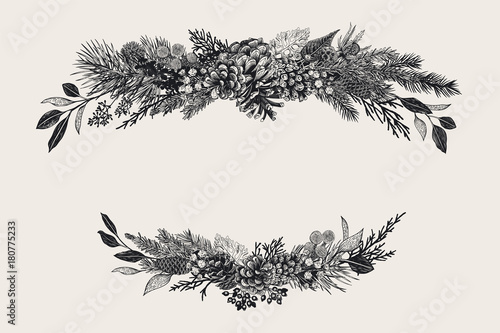 Winter set. Floral christmas compositions. Evergreen, cone, succulents, flowers, leaves, berries. Botanical vector vintage illustration. Black and white