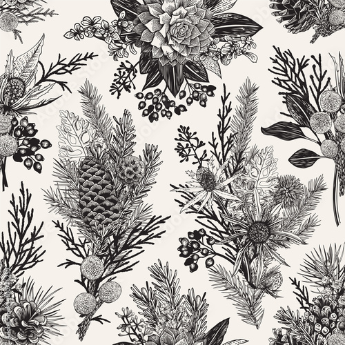 Seamless floral pattern. Winter christmas decor. Evergreen, cone, succulents, flowers, leaves, berries. Botanical vector vintage illustration. Black and white
