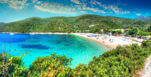 Fototapeta Naklejka Na Ścianę i Meble -  Panorama of the sea water and Mikros Poros Gialos beach in summer holiday, Lefkada island, Greece