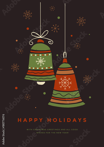 Christmas card with xmas toy bells and inscription Happy Holidays. Template for design of your holiday cards. Vector illustration.