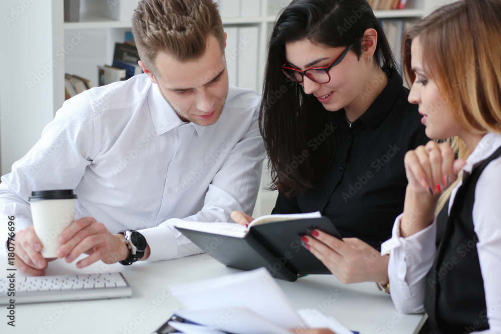 Fototapeta premium Group of people sit in office deliberate on problem