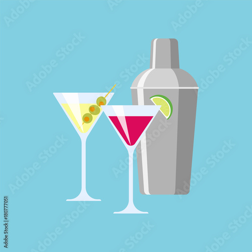 Shaker and glasses with cocktails. Illustration of a flat design