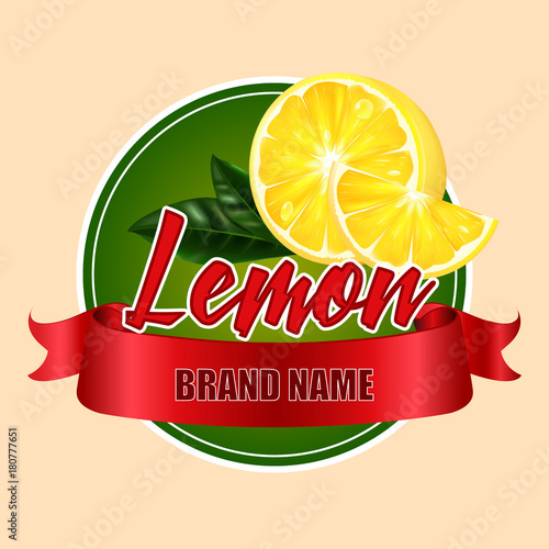 Round label or sticker with the inscription Vector realistic lemons. Illustration with a red ribbon.