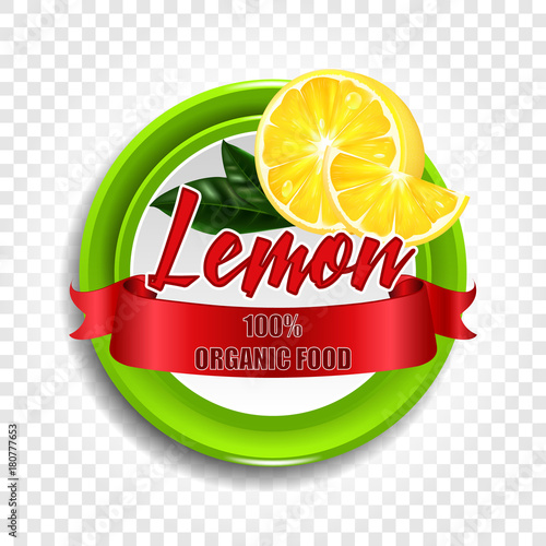 Round label or sticker with the inscription Vector realistic lemons. Illustration with a red ribbon.