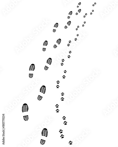 Footprints of man and dog, turn right, vector