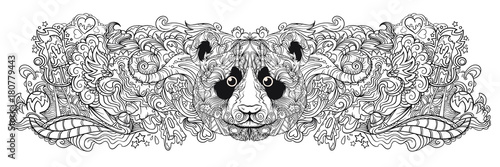 Big line art with ornament face of panda, can be used for some coloring book or print, vector illustration isolated on white background, cartoon hand drawn style, have many things on the back