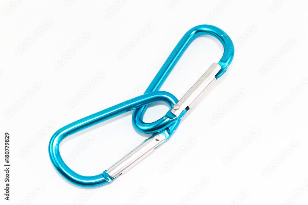 Blue aluminum safety hooks on white background Blue aluminum safety hooks on white background