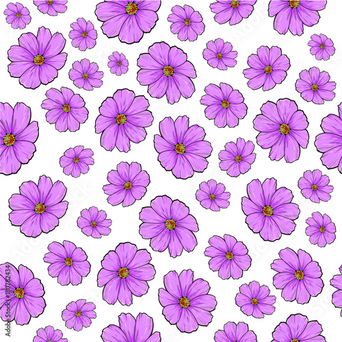 Beautiful and cute pattern with pink flowers in hand drawn style, line art, vector illustration isolated on white background