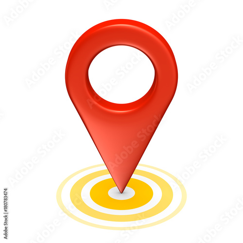 Red map pointer with yellow circles isolated on white. 3d render.