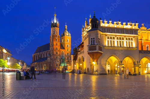 The main square of the Old Town in Krakow at dusk, Poland