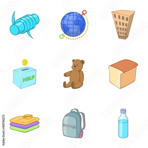 Refugee crisis icons set, cartoon style
