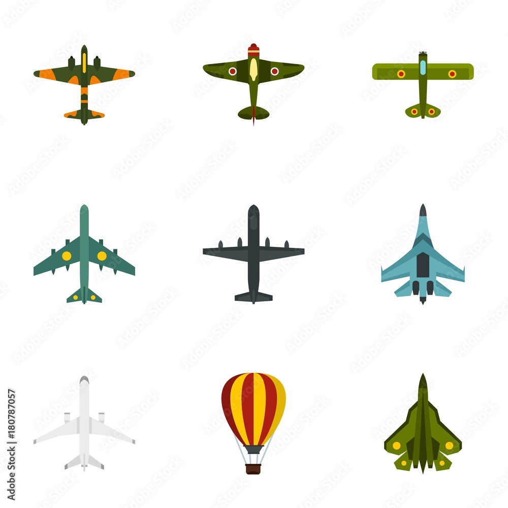 Military air transport icons set, flat style Military air transport icons set, flat style