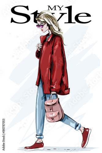 Stylish beautiful woman in red jacket. Hand drawn fashion woman with backpack. Fashion blond hair model in sunglasses. Sketch. Vector illustration.