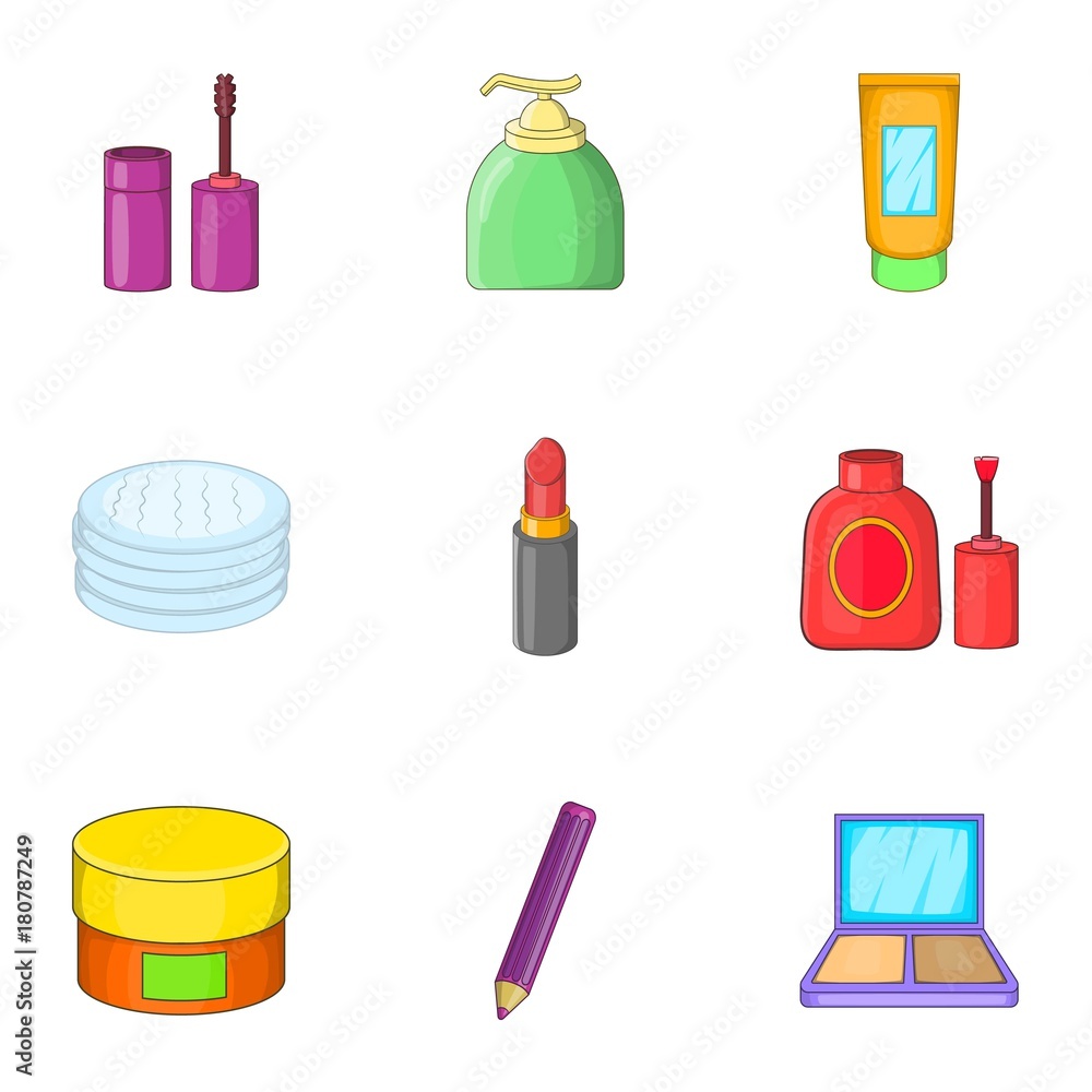 Makeup tool icons set, cartoon style Makeup tool icons set, cartoon style