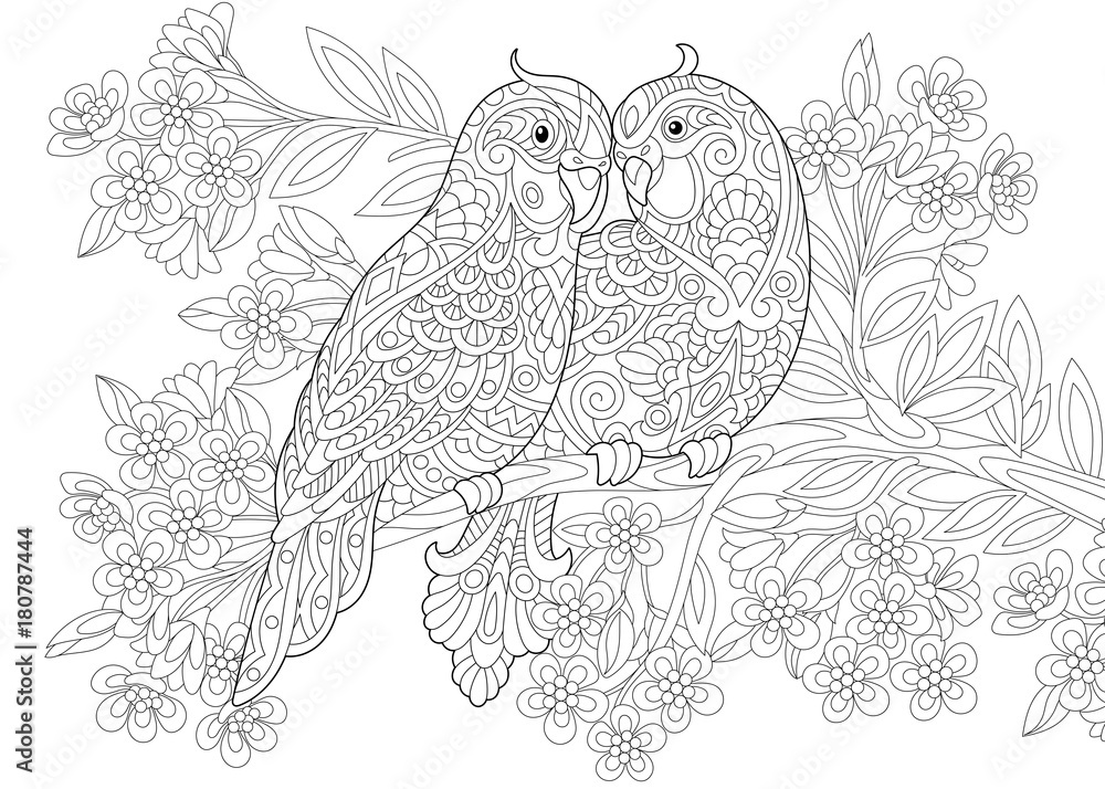 Fototapeta premium Coloring page of two parrots in love and floral background with flowers. Freehand sketch drawing for Valentine's Day vintage greeting card or adult antistress coloring book.