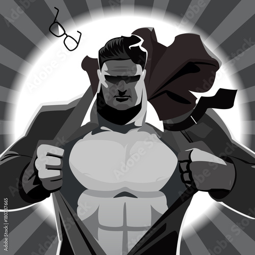 Superhero tears off his jacket