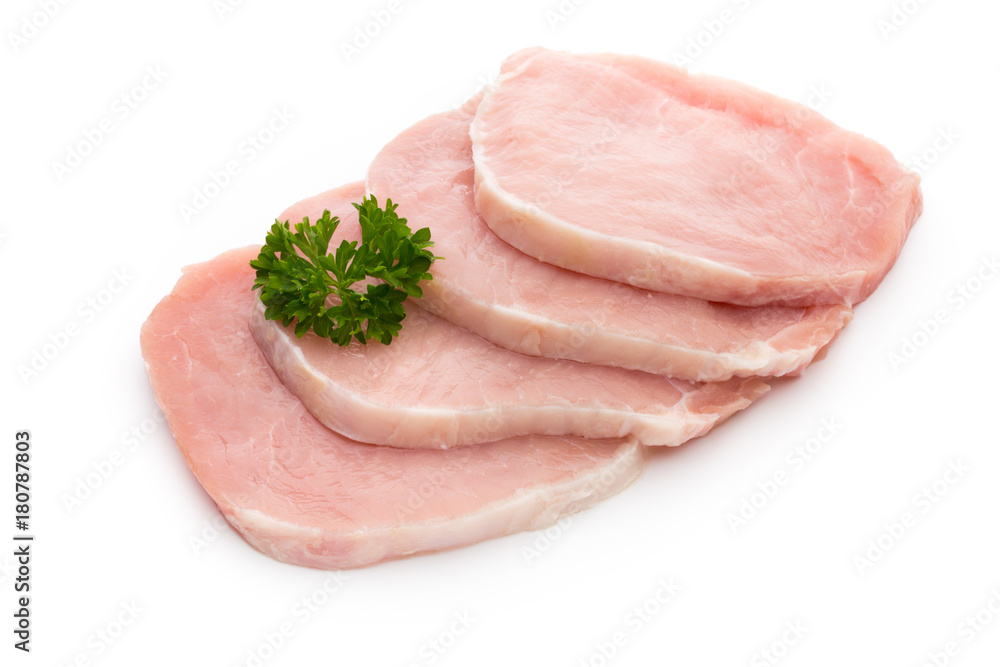 Fresh raw beef steak isolated on white background, top view.