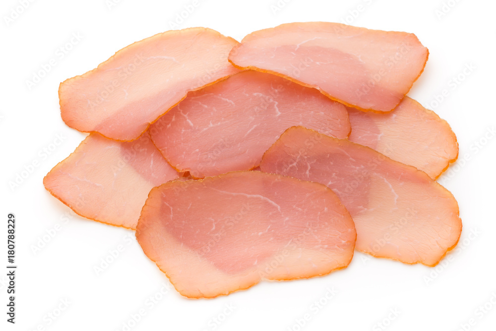 Sliced boiled ham sausage isolated on white background, top view. Sliced boiled ham sausage isolated on white background, top view.