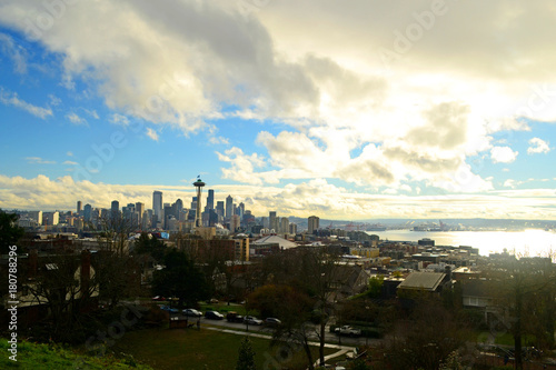 Seattle, Washington. The city skyline seen from a hill at sunset time