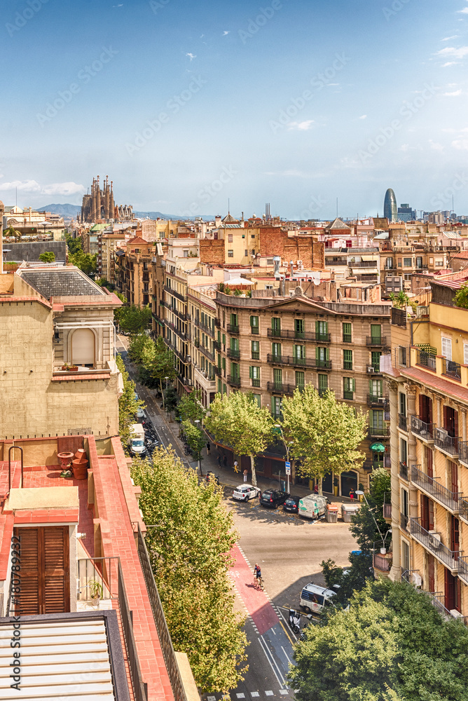 Aerial view over the rooftops of central Barcelona, Catalonia, Spain - obrazy, fototapety, plakaty 