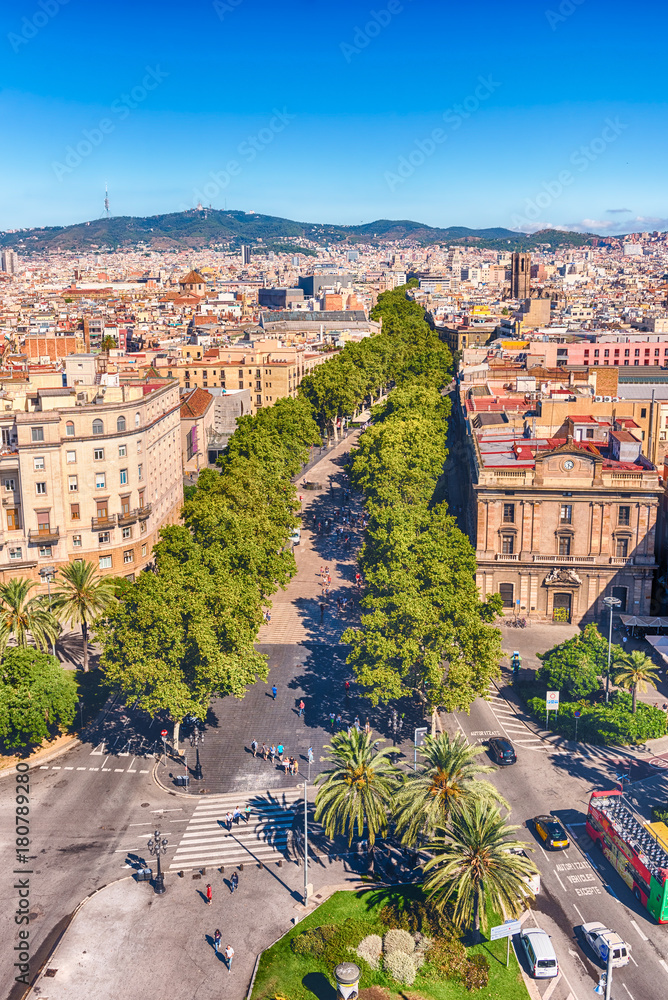 Aerial view of La Rambla pedestrian mall, Barcelona, Catalonia, Spain
