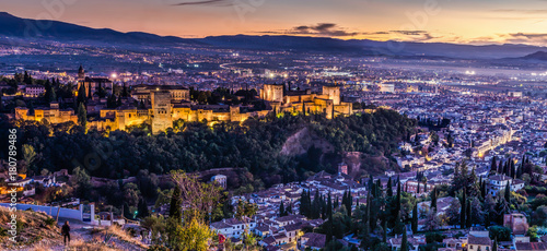 Alhambra in Granada at a beautiful sunset in the early evening. 