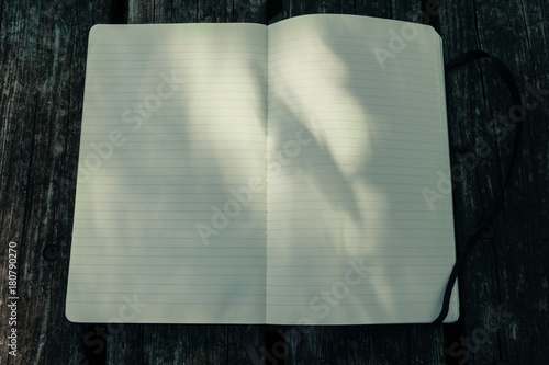 Blank empty moleskine notepad on wooden table in a park