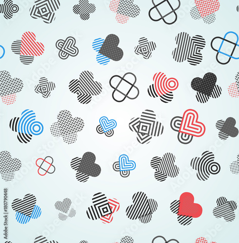 Abstract hearts and crosses seamless pattern. Unusual endless ornament with chaotic design elements for printing on any materials