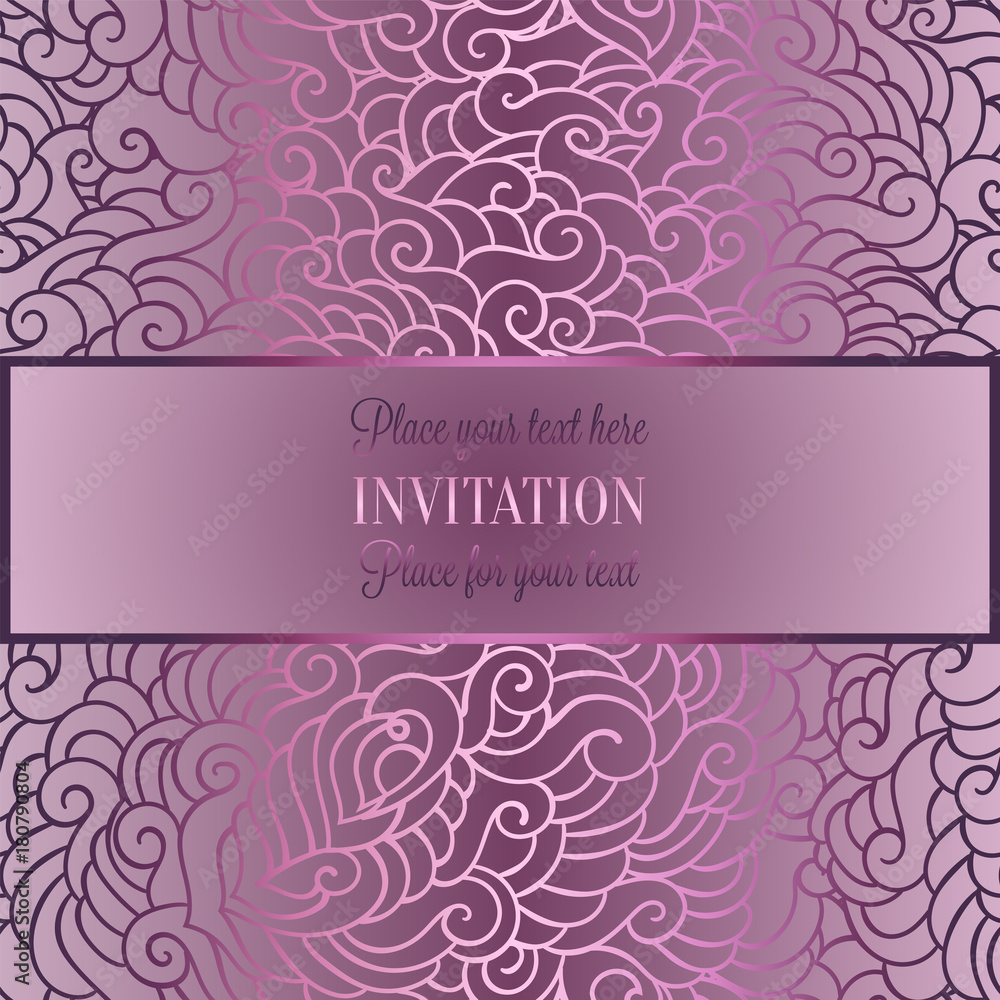 Abstract background with luxury metal pink place for text vintage tracery made of feathers, damask floral wallpaper ornaments, invitation card template, fashion pattern on pink and gray background