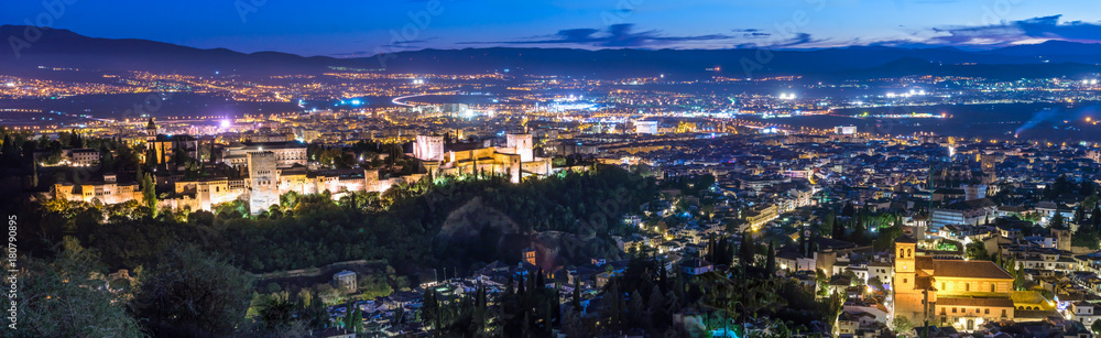 Panorama of Granada  at dusk including Alhambra and Albaicin Quarter