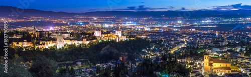 Panorama of Granada at dusk including Alhambra and Albaicin Quarter
