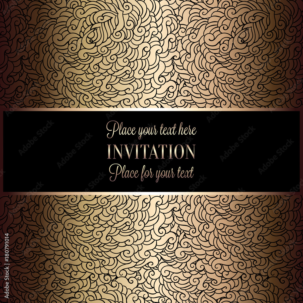 Romantic background with antique, luxury black and gold vintage frame, victorian banner, made of feathers wallpaper ornaments, invitation card, baroque style booklet, fashion pattern
