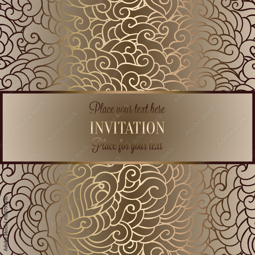 Romantic background with antique, luxury beige and gold vintage frame, victorian banner, made of feathers wallpaper ornaments, invitation card, baroque style booklet, fashion pattern