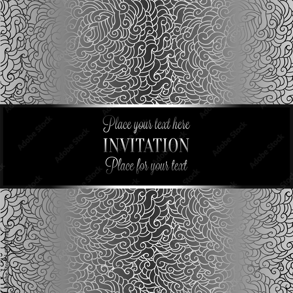 Abstract background with luxury metal silver  place for text vintage tracery made of feathers, damask floral wallpaper ornaments, invitation card, fashion pattern