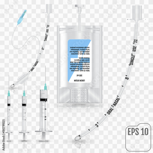 Realistic Intravenous fluid, syringe, tracheal tube without cuff and endotracheal intubation tube with inflatable cuff on transparent background. Infusion system