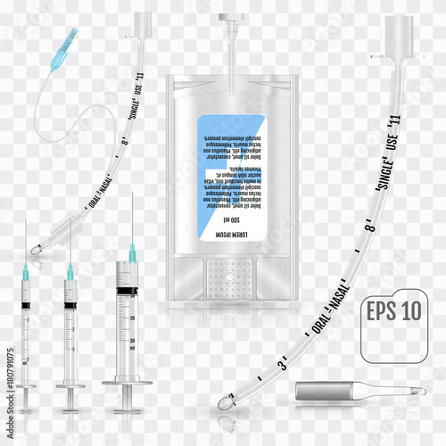 Realistic Intravenous fluid, syringe, tracheal tube without cuff and endotracheal intubation tube with inflatable cuff on transparent background. Infusion system, ampoule. Vector