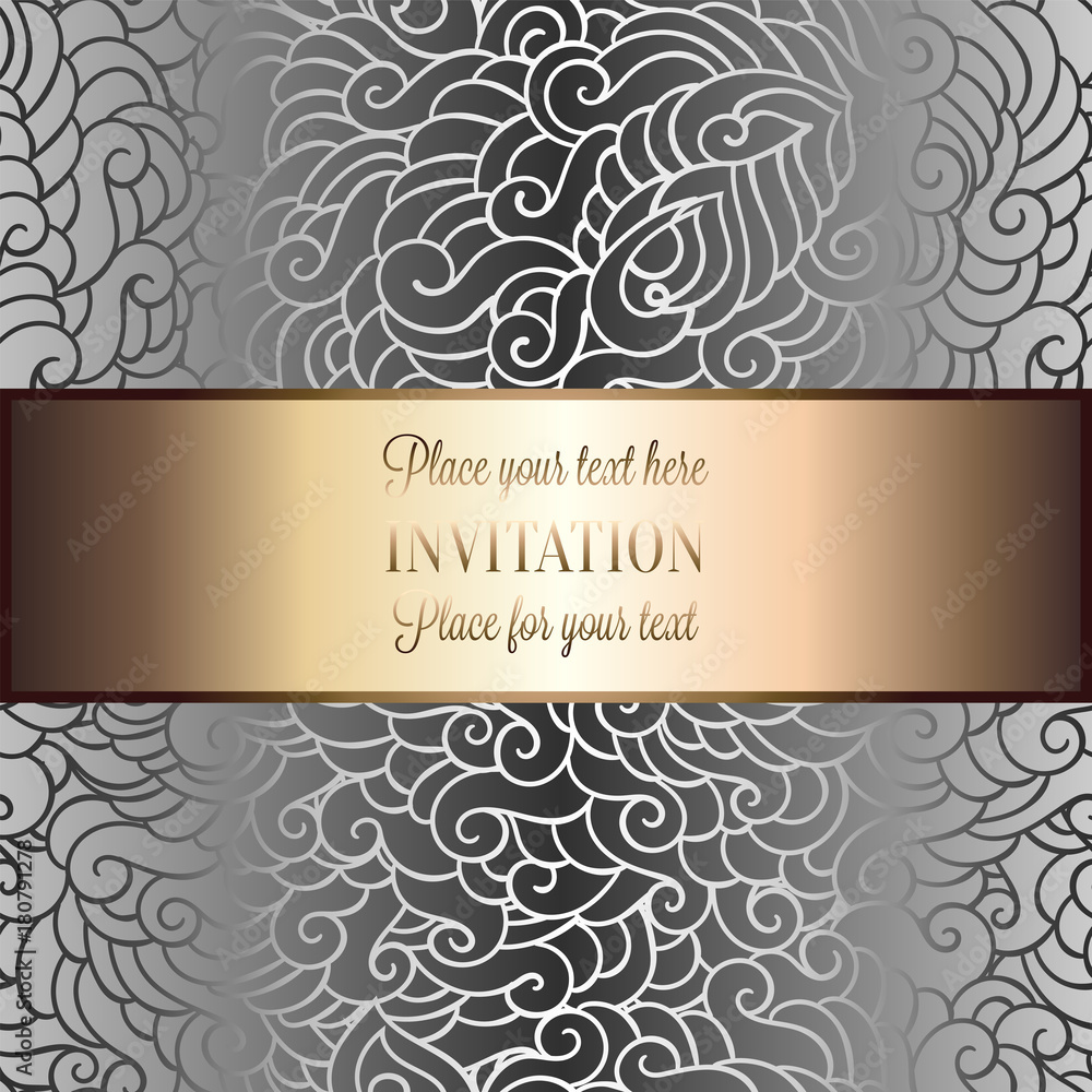 Abstract background with luxury metal silver  gold place for text vintage tracery made of feathers, damask floral wallpaper ornaments, invitation card, fashion pattern