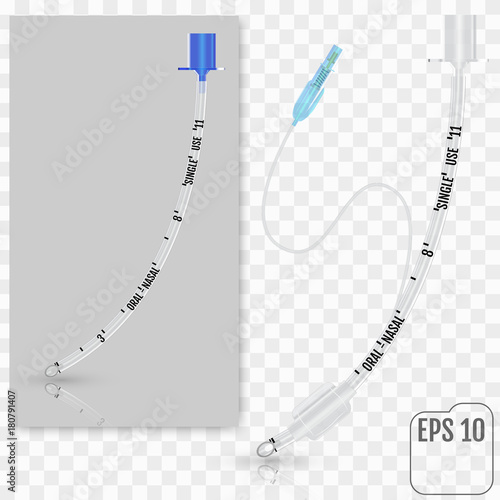 Tracheal - endotracheal - intubation - tube with inflatable cuff and Tracheal tube without cuff. Use in emergency room. Patient has an accident. On gray and transparent backgrounds