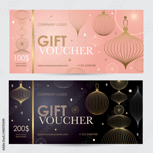 Christmas gift voucher with geometric gold decor. Festive gift coupon with an abstract pattern.  Vector template for gift card, coupon and certificate for a spa, beauty salon, shops and restaurants