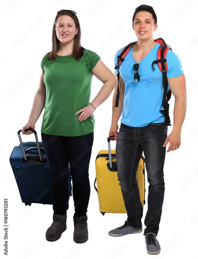 Urlaub junge Leute Menschen mit Koffer Reise reisen verreisen jung lachen Freisteller Urlaub junge Leute Menschen mit Koffer Reise reisen verreisen jung lachen Freisteller