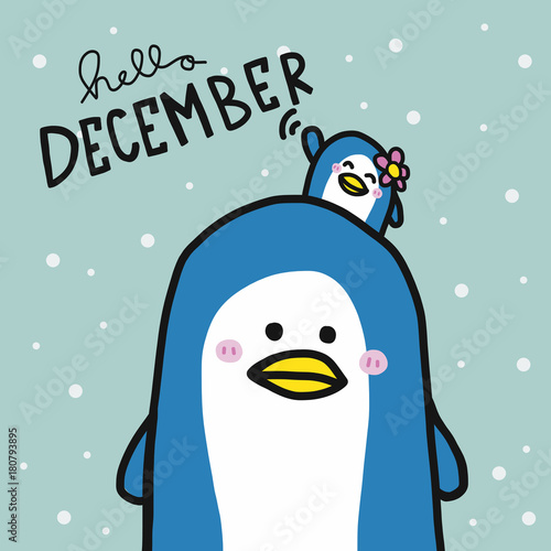 Hello December cute couple penguin lover cartoon vector illustration doodle style