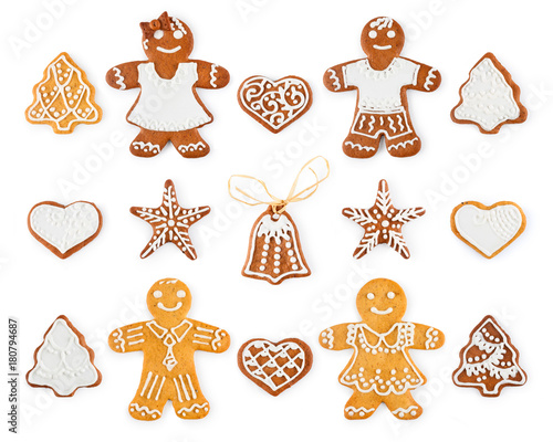 Set of Christmas gingerbread - sweet cookies in the form of holiday symbols and objects, isolated on white background