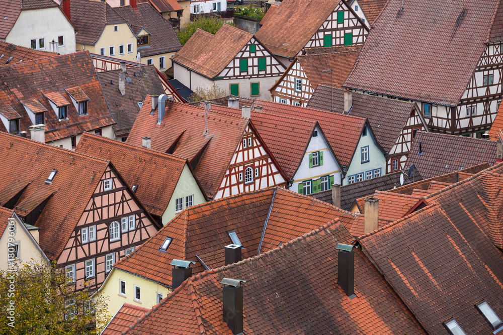 View to red roofs of old traditional German houses