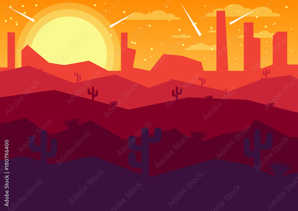 vector Illustrator flat landscape desert night with comets