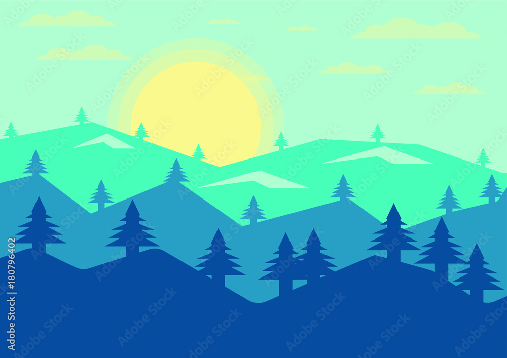 Abstract Landscape pine mountain view evening sun background. vector Illustrator