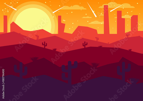 vector Illustrator flat landscape desert night with comets