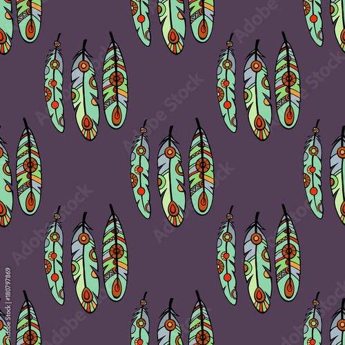 Feathers Boho Seamless Pattern. Tribal Ethnic Background Texture. Clothing Design, Wallpaper, Wrapping. Vector Indian Ornament. photo