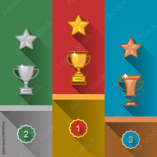 Podium with trophy cups. Gold, Silver and Bronze cups Flat Trophy