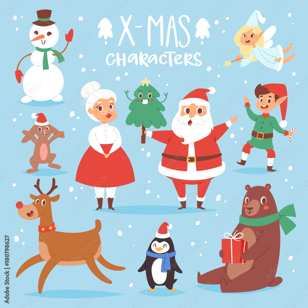Christmas vector characters cute cartoon Santa Claus, snowman, Rreindeer, Xmas bear, Santa wife, dog New Year symbol, elf child boy and penguin individual characteristics illustration Christmas vector characters cute cartoon Santa Claus, snowman, Rreindeer, Xmas bear, Santa wife, dog New Year symbol, elf child boy and penguin individual characteristics illustration